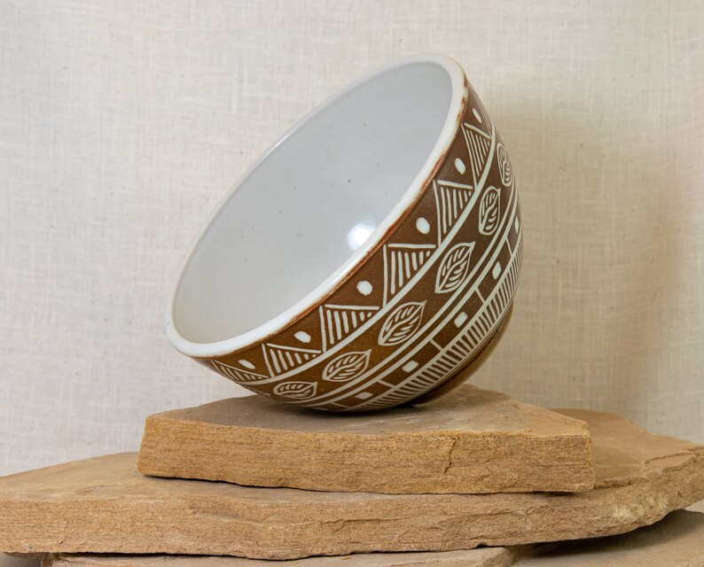 Geometric Inlaid Ceramic Bowl Southwestern Carved Design Hand Carved Bowl Southwest Carve One of a Kind Inlaid Pottery Bowl Bowl image 5