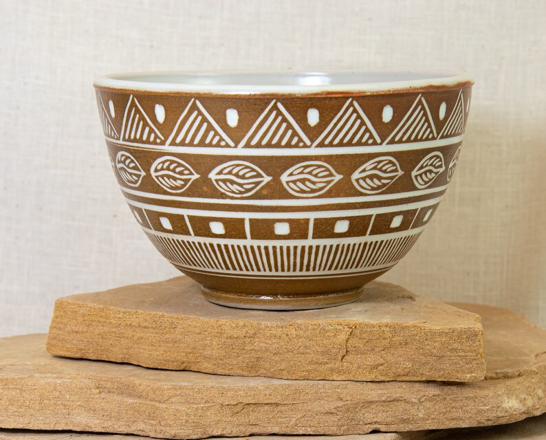 Geometric Inlaid Ceramic Bowl Southwestern Carved Design Hand Carved Bowl Southwest Carve One of a Kind Inlaid Pottery Bowl Bowl image 3