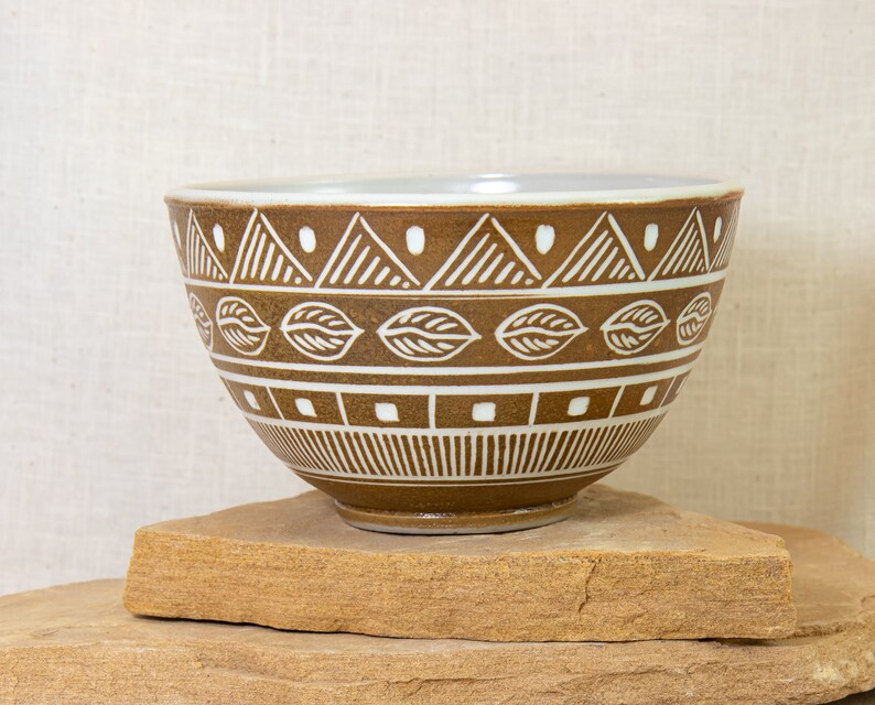 Geometric Inlaid Ceramic Bowl Southwestern Carved Design Hand Carved Bowl Southwest Carve One of a Kind Inlaid Pottery Bowl Bowl image 2