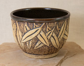 Hand Carved Stoneware Bowl - Unique Carved Bowl - Eucalyptus Carved Bowl - Hand Carved Plant Bowl - Earthy Leaf Carved Bowl - Nature Carved