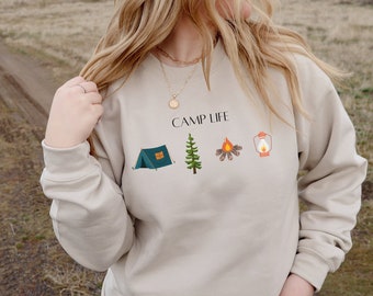 Bluza Camp Life, Uroczy sweter kempingowy, Bluza Camping Mode, Bluza z okrągłym dekoltem Camping, Koszulka Happy Camper, Damski sweter kempingowy