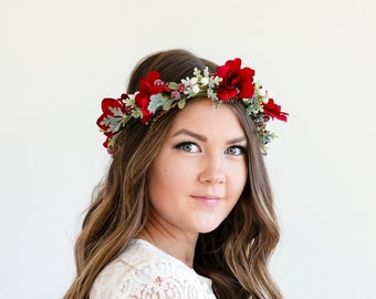 Bride Crown, Flower Crown, Floral Crown, Holiday, Winter, Wedding Crown, Bridesmaid, Maternity Crown, Bohemian, Red Flower crown, Maternity