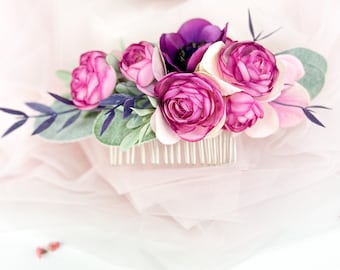 BRIDE'S Flower Comb, Purple Flower Comb, Anemone Flower Comb, Wedding, Hair Comb, Greenery Comb, Bridal Hair Accessory, Wedding Comb, Bride