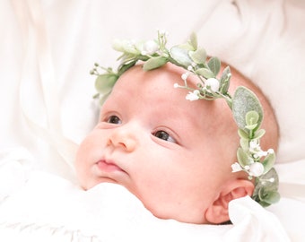 EUCALYPTUS Baby Crown, Eucalyptus Crown, White Berry, Greenery Crown, Baby Blessing Crown, Newborn Crown, Christening Crown, Baby's Breath