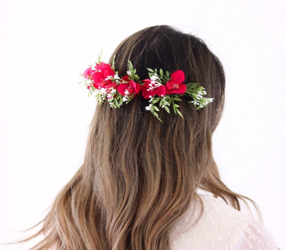 Dark Pink Half Flower Crown Orchid Flower Hair Comb Bride Etsy