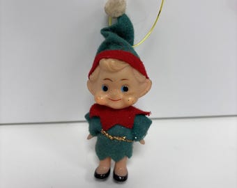 Vintage Felt Elf Christmas Ornament “Foreign” Marked Pixie Decoration 1950s–60s
