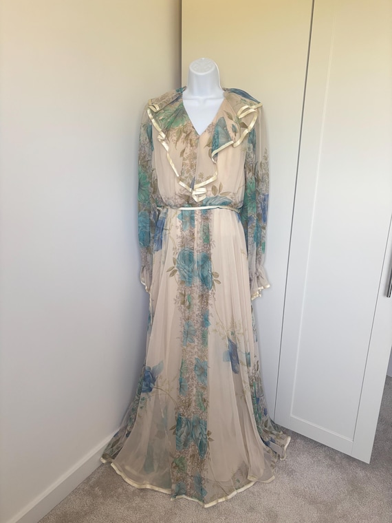 Vintage 70s Stambolian Chiffon Maxi Dress: Floral Ruffle Gown, Princess  Diana Designer - Etsy