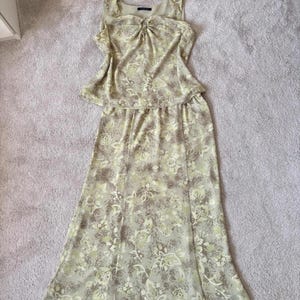 Windsmoor Vintage Co-Ord Two Piece Set size 14 Green Floral Beaded Tassel Top & Maxi Skirt 90s Y2K