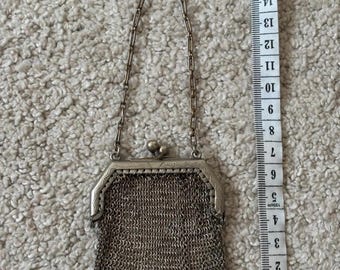 Antieke Duitse alpacca maliënkolder portemonnee, edwardiaans c. Mesh handtas jaren 1900, stuk chatelaine