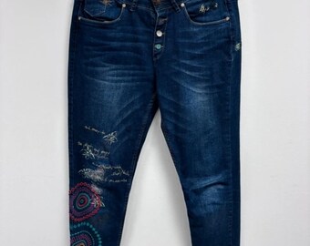 Desigual Embroidered Cropped Jeans W32 L30 Boho Festival Y2K Stretch Denim