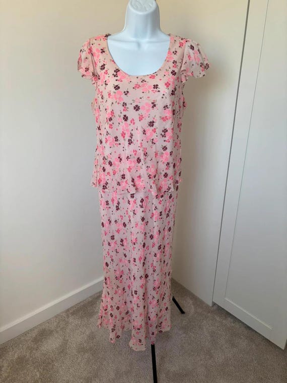 white christmas dresses Country Casuals Ivory & Pink Silk Floral Print Dress Size 14 – Whispers  Dress Agency main image 1