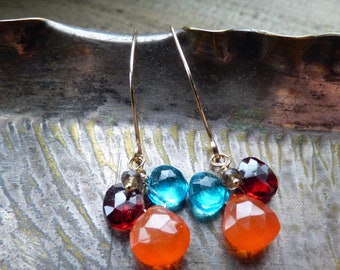 Labradorite Clover Drop Earrings London Blue Topaz Jewelry Hessonite Garnet Briolette Dangle Earrings Multi Gemstone Jewelry