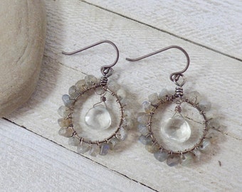 Labradorite Clover Drop Earrings London Blue Topaz Jewelry Hessonite Garnet Briolette Dangle Earrings Multi Gemstone Jewelry