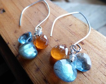 Labradorite Clover Drop Earrings London Blue Topaz Jewelry Hessonite Garnet Briolette Dangle Earrings Multi Gemstone Jewelry