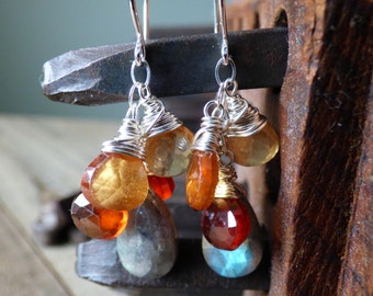 Labradorite Clover Drop Earrings London Blue Topaz Jewelry Hessonite Garnet Briolette Dangle Earrings Multi Gemstone Jewelry