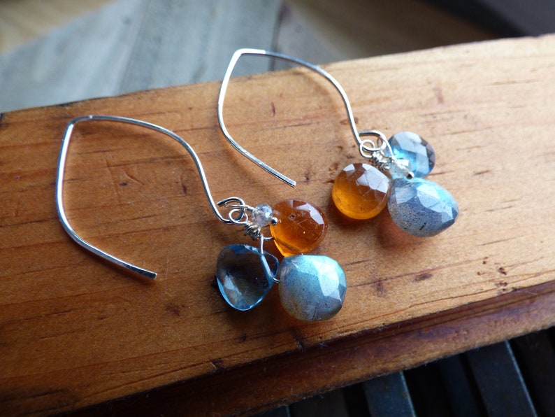 Labradorite Clover Drop Earrings London Blue Topaz Jewelry Hessonite Garnet Briolette Dangle Earrings Multi Gemstone Jewelry