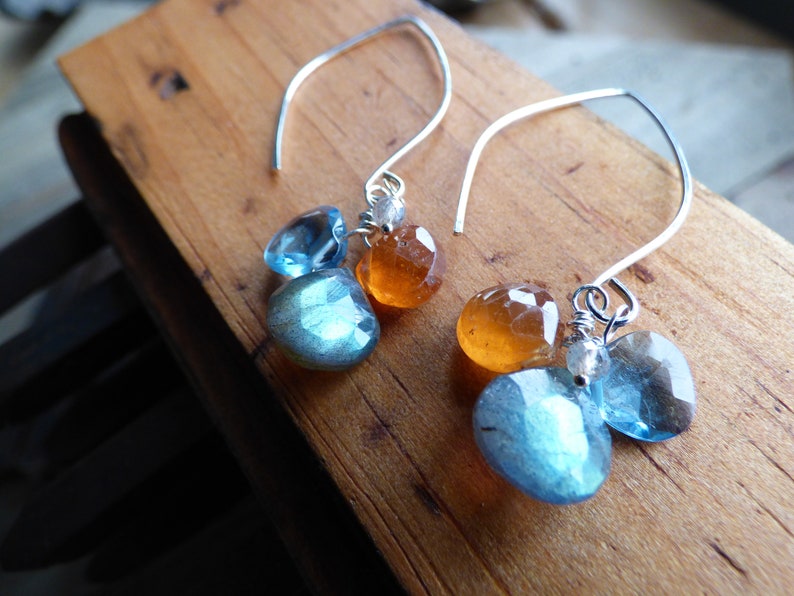Labradorite Clover Drop Earrings London Blue Topaz Jewelry Hessonite Garnet Briolette Dangle Earrings Multi Gemstone Jewelry