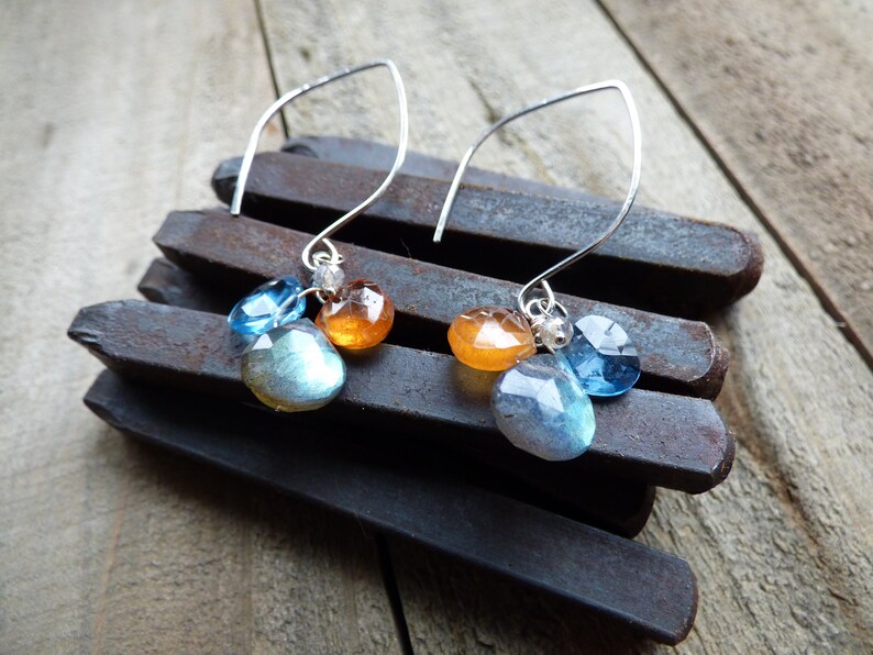 Labradorite Clover Drop Earrings London Blue Topaz Jewelry Hessonite Garnet Briolette Dangle Earrings Multi Gemstone Jewelry