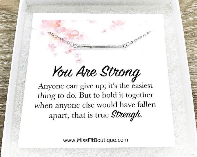 You Are Strong Card, Balance Bar Necklace, Strength Jewelry, Sterling Silver Necklace, Layering Necklace, Gift for Sister, Motivational Gift