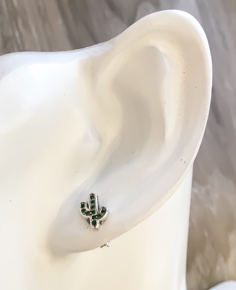 Sterling Silver Stud Earrings Green Cubic Zirconia Earrings Birthday Gifts Tiny Silver Cactus Stud Earrings Dainty Minimalist Jewelry