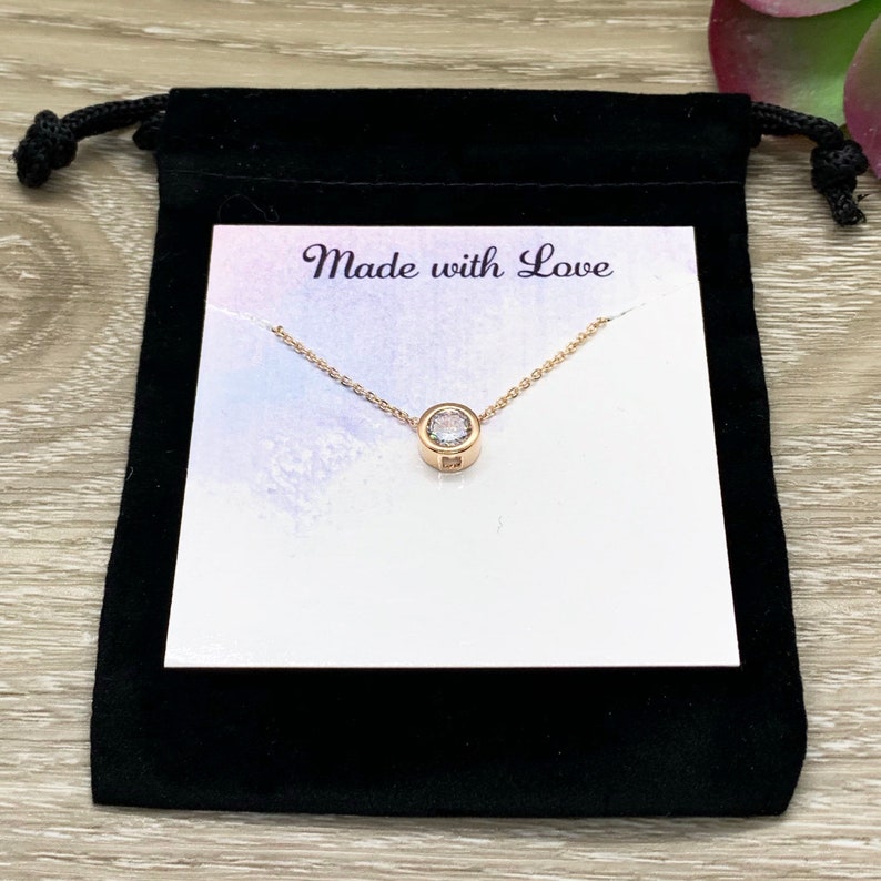 Gift for Friend Rose Gold Solitaire Pendant Unbiological Sister Jewelry Tiny Round Crystal Necklace Friendship Gift Bonus Sister Gift