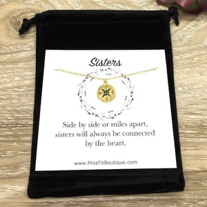 Sisters Card, Compass Necklace, Side By Side or Miles Apart, Compass Jewelry, Gift for Sister, Sisterhood Gift, Birthday Gift, Going Away