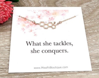 Estrogen Necklace, What She Tackles, She Conquers Quote, Affirmation Gift, Molecular Jewelry, Empowering Gift, Feminist Jewelry, Friendship