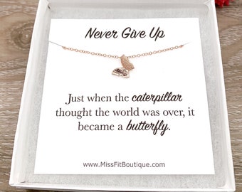 Butterfly Necklace with Quote Card, Never Give Up, Dainty Jewelry, Gift for Bonus Daughter, Gift from Mother, Encouragement Gift for Her