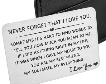 Never Forget That I Love You, Romantic Wallet Card, Gift for Husband, Stainless Steel, Gift from Wife, Sentimental Gift for Boyfriend