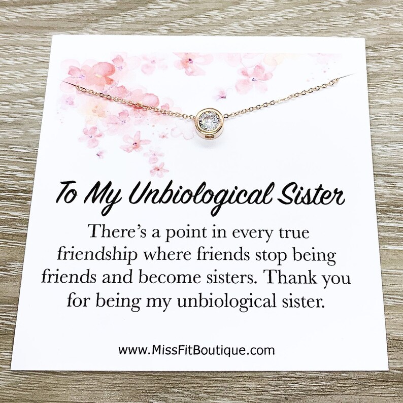 Gift for Friend Rose Gold Solitaire Pendant Unbiological Sister Jewelry Tiny Round Crystal Necklace Friendship Gift Bonus Sister Gift