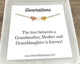 Three Generations Jewelry, 3 Hearts Necklace, Dainty Heart Necklace, Gift for Mom, Grandmother Necklace, Minimalist Jewelry, Mother Necklace