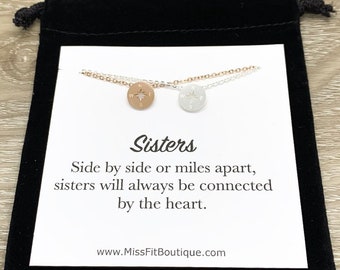 Tiny Compass Necklace Set for 2, Side by Side or Miles Apart Card, Gift from Sister, Sisterhood Jewelry, Sisters Gift, Sorority Jewelry Gift