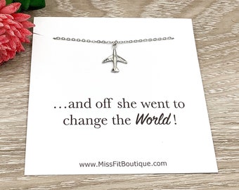 Tiny Airplane Necklace, Change The World Card, Dainty Plane Pendant, Cute Gift for Traveler, Minimalist Necklace, Travel Jewelry, Daughter