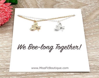 We Bee-Long Together, Punny Card, Tiny Bee Necklace Set for 2, Friendship Gift, Bee Jewelry, 2 Matching Necklaces, BFF Jewelry Gift, Bestie