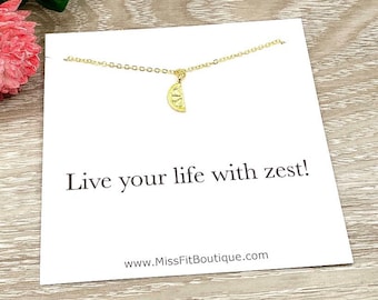 Lemon Necklace, Live Life with Zest Card, Tiny Lemon Slice Pendant, Uplifting Gift for Her, Citrus Jewelry, Fruit Necklace, Summer Jewelry