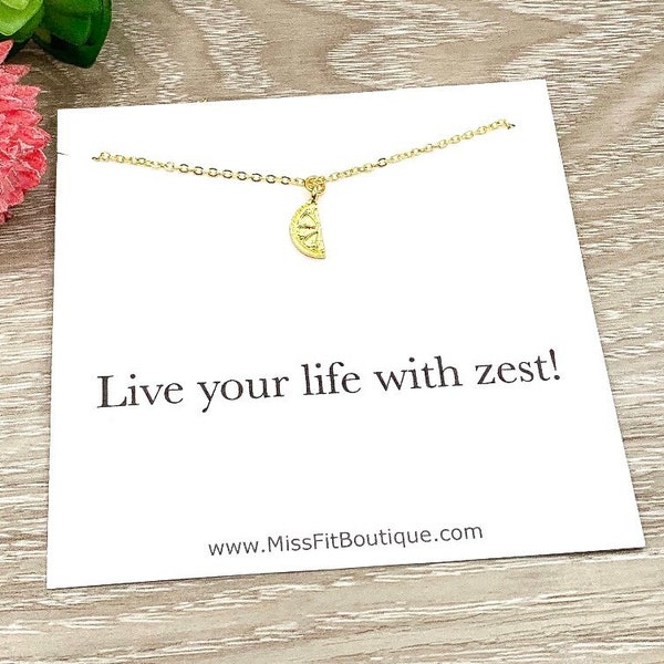 Lemon Necklace, Live Life with Zest Card, Tiny Lemon Slice Pendant, Uplifting Gift for Her, Citrus Jewelry, Fruit Necklace, Summer Jewelry