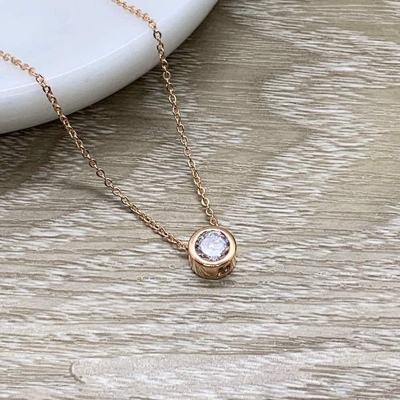 Gift for Friend Rose Gold Solitaire Pendant Unbiological Sister Jewelry Tiny Round Crystal Necklace Friendship Gift Bonus Sister Gift