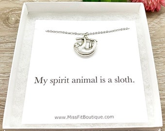 Spirit Animal, Hanging Sloth Necklace, Dainty Silver Sloth Pendant, Animal Lover Jewelry, Cute Necklace, Uplifting Gift, Custom Message Card