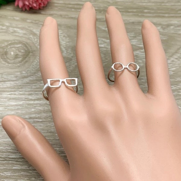 Bague de lunettes argent, bague de lunettes, bague ringard, bague de déclaration, bague de lunettes délicates, bague réglable, bagues mignonnes, cadeau d’amoureux des livres