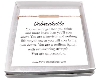 Sparkly Bar Bracelet, Unbreakable Quote Card, Strength Jewelry, You’re Strong Gift, Affirmation Gift, Mantra Jewelry, Struggling Friend Gift