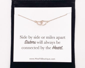 Collier pour soeur, collier double coeurs, reliés par le coeur, collier deux coeurs entrelacés, cadeau d'anniversaire pour soeur