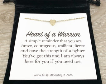 Heart of a Warrior Quote, Strength Gift, Gold Heart Necklace, Gift for Survivor, Recovery Gift, Necklace for Women, Encouragement Gift