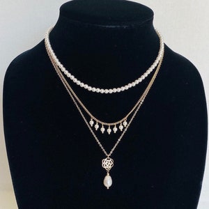14k Gold Plated Pearl Choker Necklace: Dainty Multi Strand Layered Necklace & Earrings