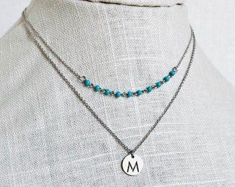 Turquoise color necklace, Tarnish Resistant 2 Layer silver tone necklace, Birthstone color initial pendant necklace , December bday necklace