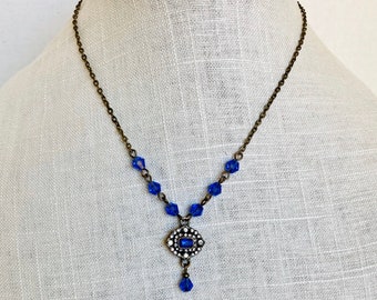 Victorian Style Blue Necklace: Antique Gold Royal Blue Jewelry Set