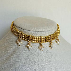 Golden Marathi Thushi Choker: 3-Strand Indian Necklace with Earrings
