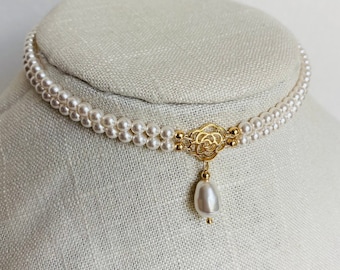 Pearl choker, Multi strand pearl choker, Pearl choker necklace, Rose charm choker with earrings, Edwardian choker, 14 k gold plated Choker