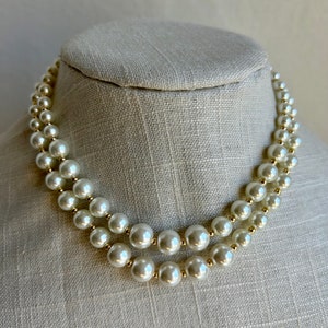 2 Strand Graduated Pearl Necklace, 14k Gold Plated Pearl Necklace ...