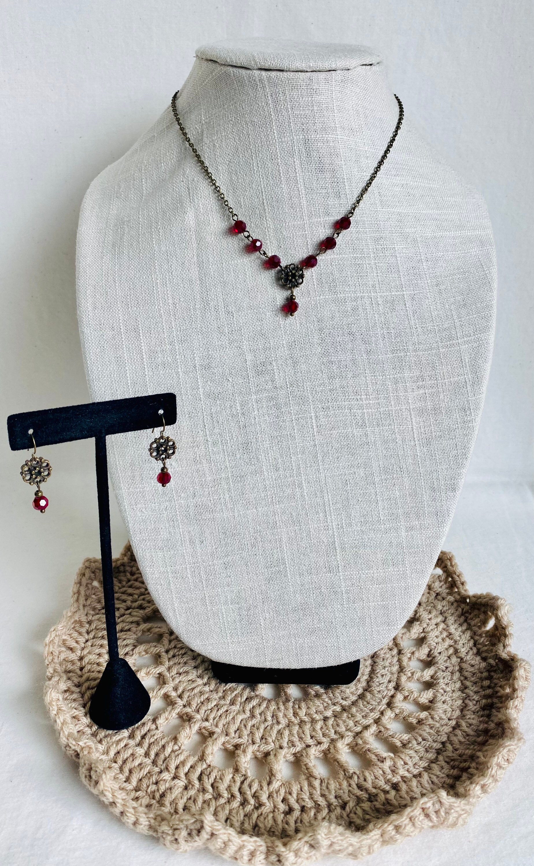 Collier Vintage Victorien 2 Rangs Perles & Cristal Rouge - Argenté, Occasion