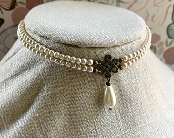 Teardrop Pearl Choker, Celtic Knot, Edwardian Style